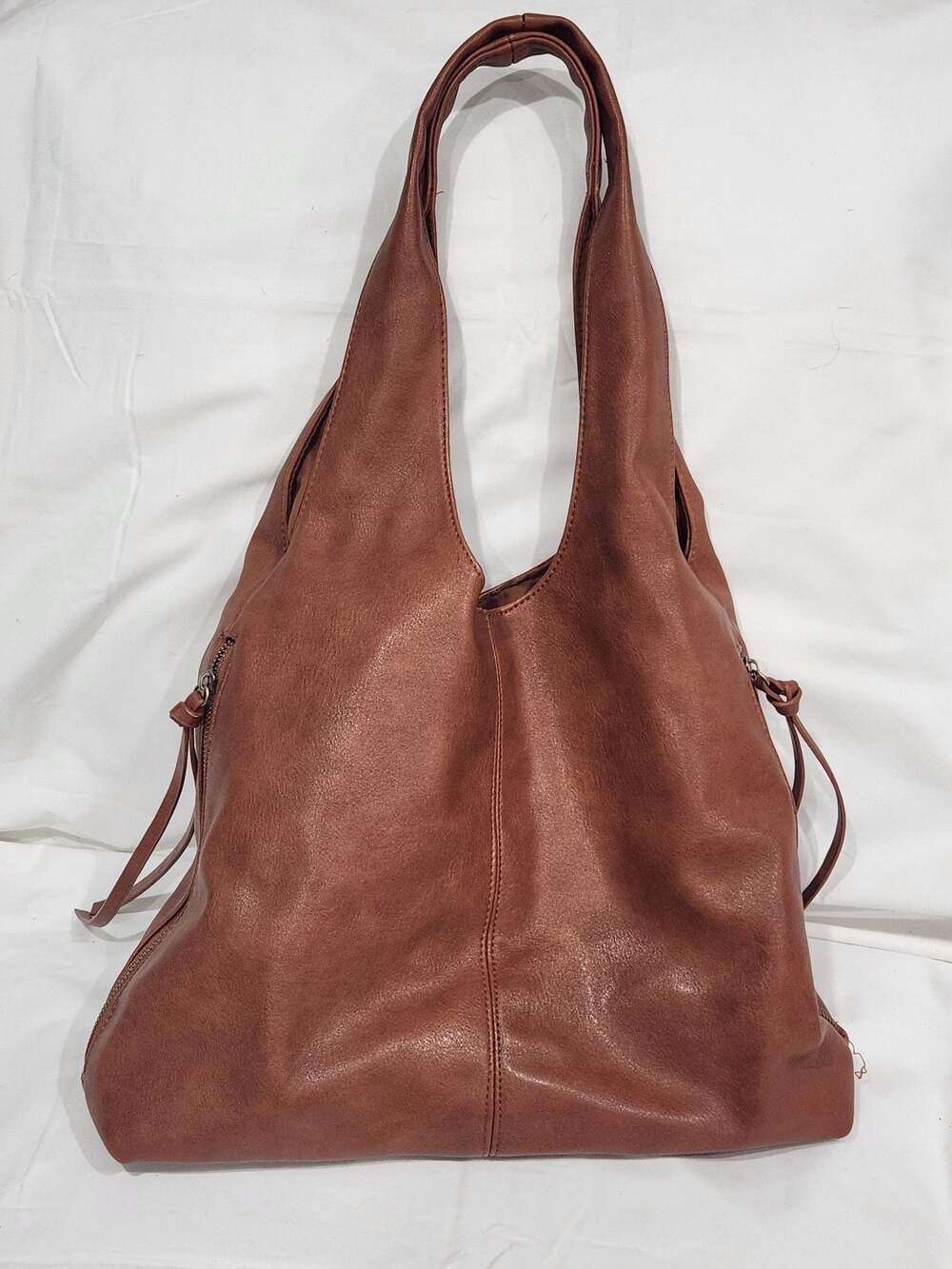Joy Susan Cognac Vegan Leather Hobo Shoulder Bag with Side Zip Details